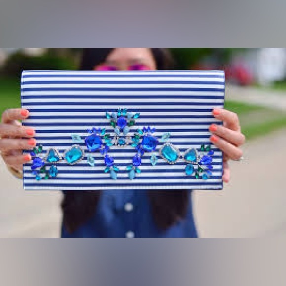 Express Handbags - Express Bejeweled Blue and White Stripe Envelope Clutch Bag